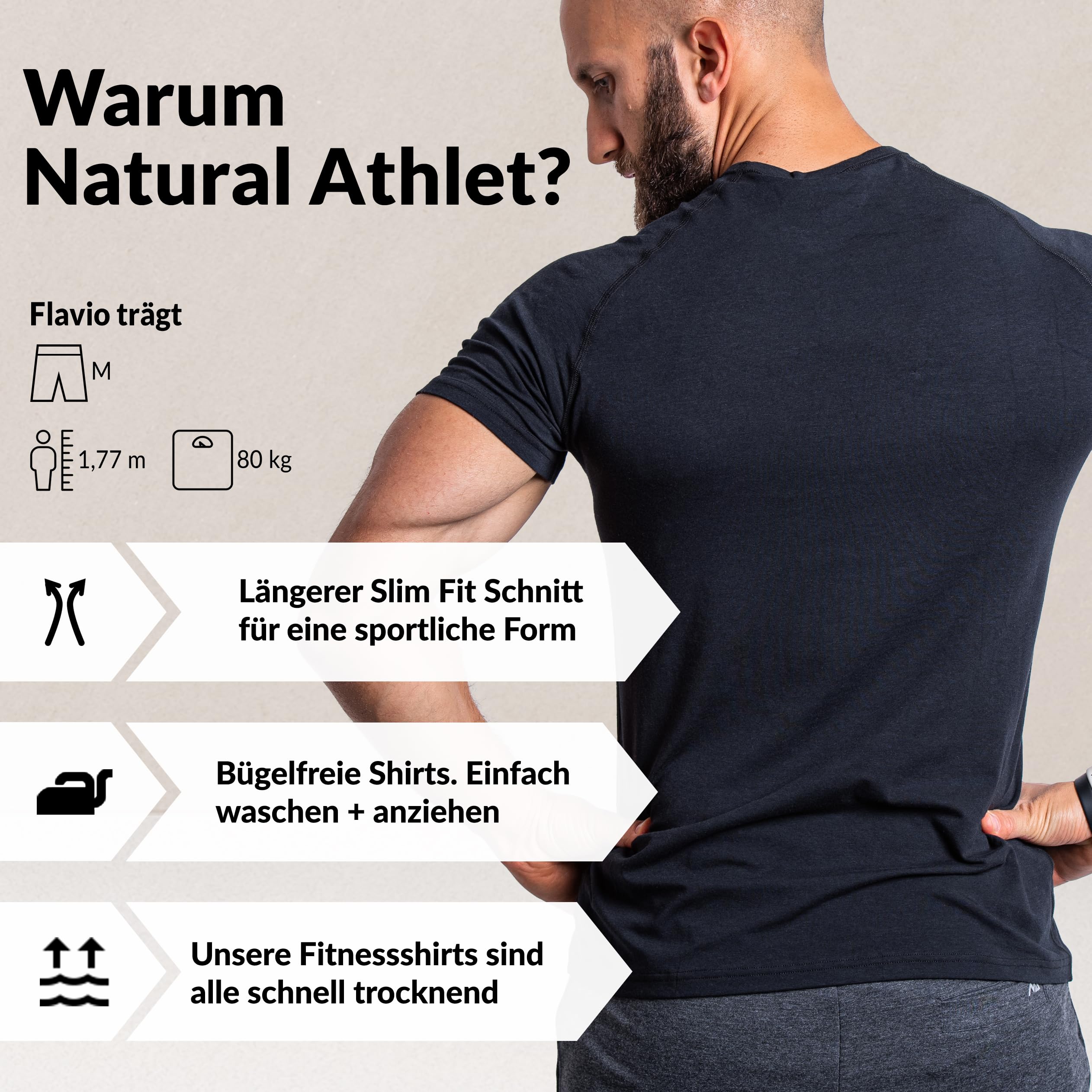 Herren Fitness T-Shirt modal - Männer Kurzarm Shirt für Gym & Training - Passform Slim-Fit, lang mit Rundhals, Schwarz, M 2