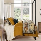 HiEnd Accents Provence Washed Linen 3 Piece Queen Victorian Duvet Cover Set | Gold Yellow Victorian Print Classic Comforter Cover, Toile Pattern Shabby Chic Bedding Set with Pillow Shams