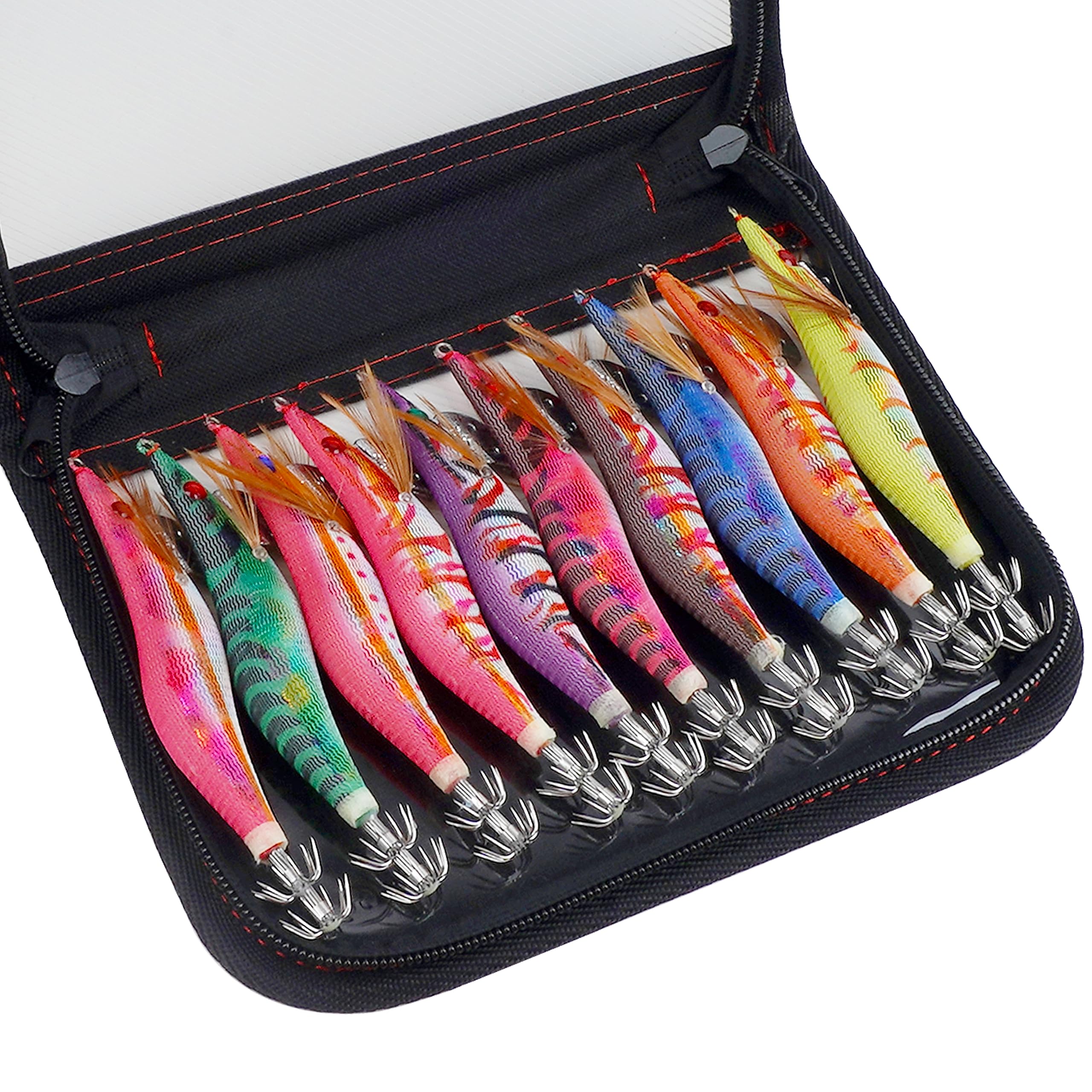 Luminous Squid Jig Sea Fishing Lures, 10pcs Hard Bait Squid Shrimp Jig Saltwater Fishing Lures for Octopus Cuttlefish with Storage Bag(Size 3.5#)