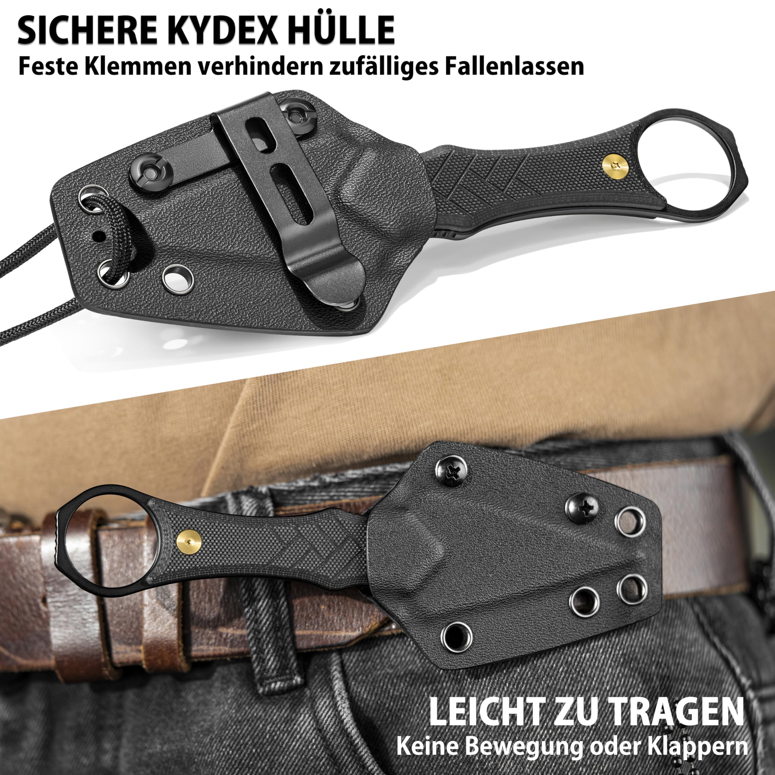 LOTHAR PORCUPINE 14C28N Stahl Neck Knife Messer,42A Fulltang Kleines Feststehendes Messer mit G10 Griff, Outdoor Messer mit Kydex Scheide und Gürtelclip (Schwarze Klinge) 4