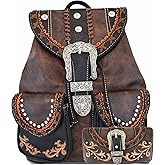 Western Style Tooled Buckle Studded Floral Women Country Backpack Bags Rucksack Daypack Biker Purse Matching Wallet Set (Coffee Set)