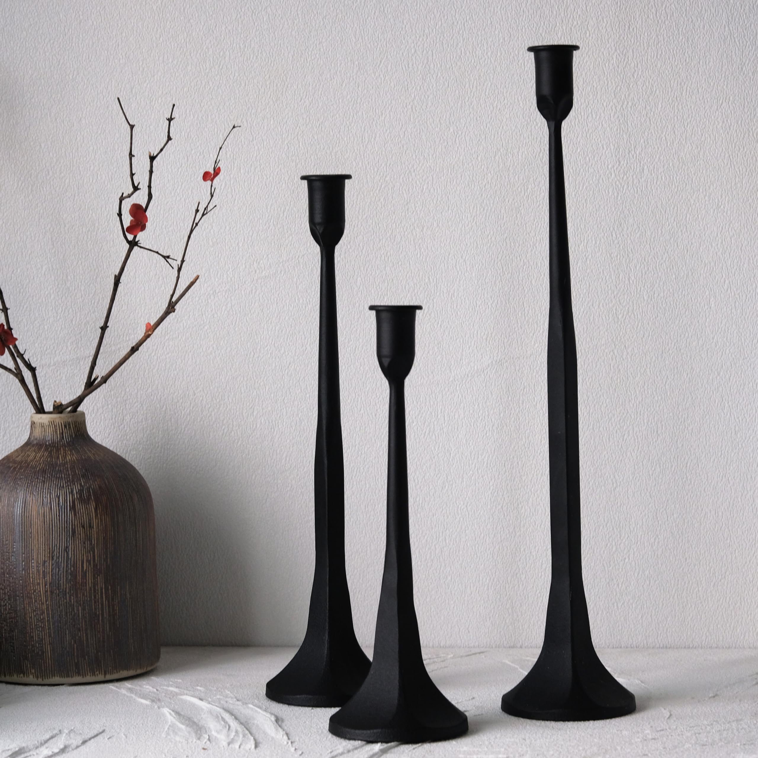Photo 1 of Denique Iron Taper Candle Holder Set of 3, Black Candlestick Holders Decorative Candle Stand, Tapered Candle Holders Tall Set for Wedding, Dining Table, Home Decoration (Black)