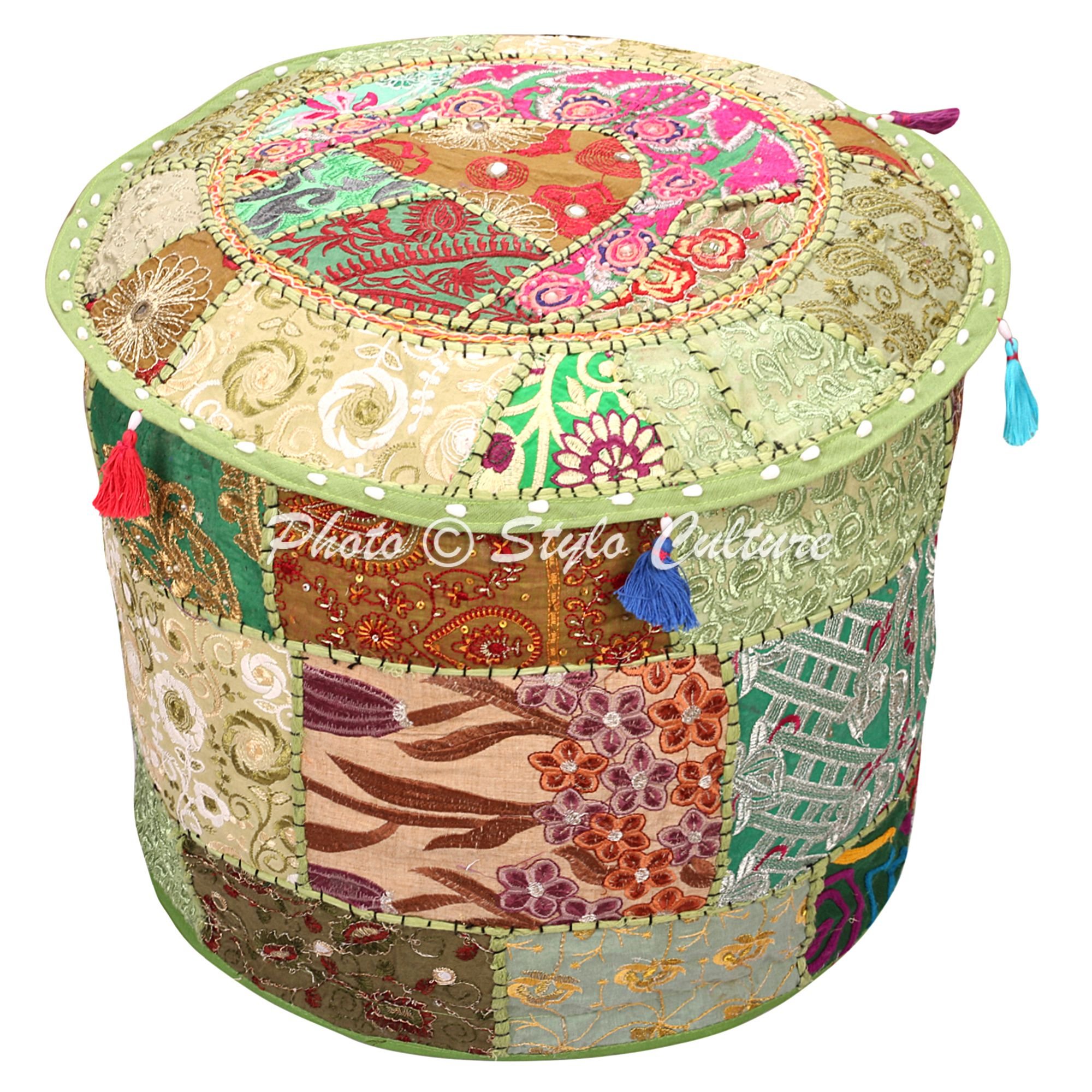 Stylo Culture Fabric Ottoman Pouffe Footstool Cover Vintage Green Ethnic Embroidered Patchwork Cotton Traditional Round Pouf Ottoman Cover (18x18x13 Inch) 45cm (COVER ONLY)