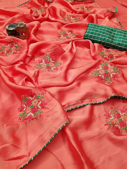 SLUSHLY Womens Chiffon Embroidered Saree With Blouse Piece (LIGHT ORANGE)
