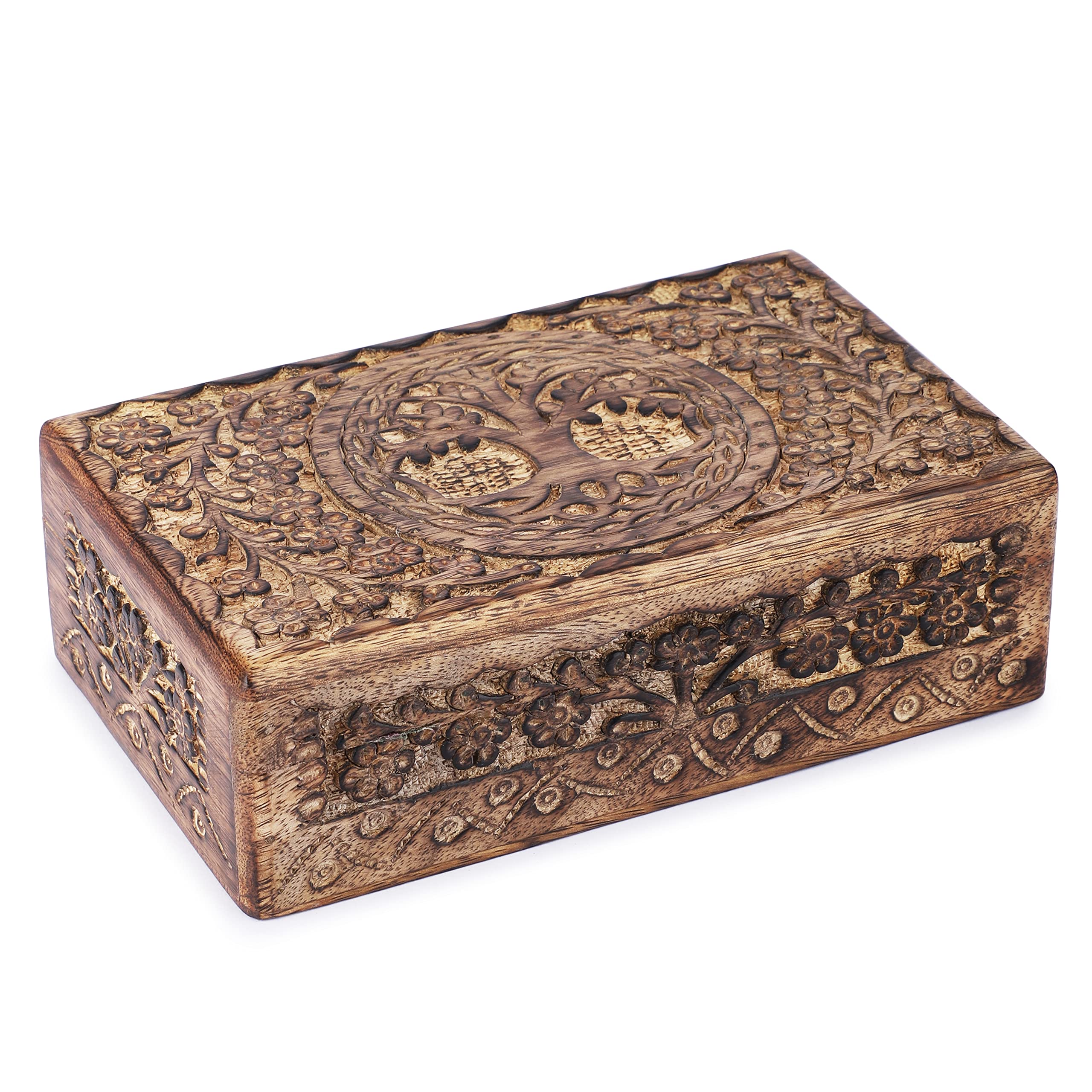 Ajuny Wooden Jewellery Box 8x5 – Tree of Life Carved Keepsake, Vintage Trinket & Storage Organizer Treasure Chest Case Small Gift for Men for Women