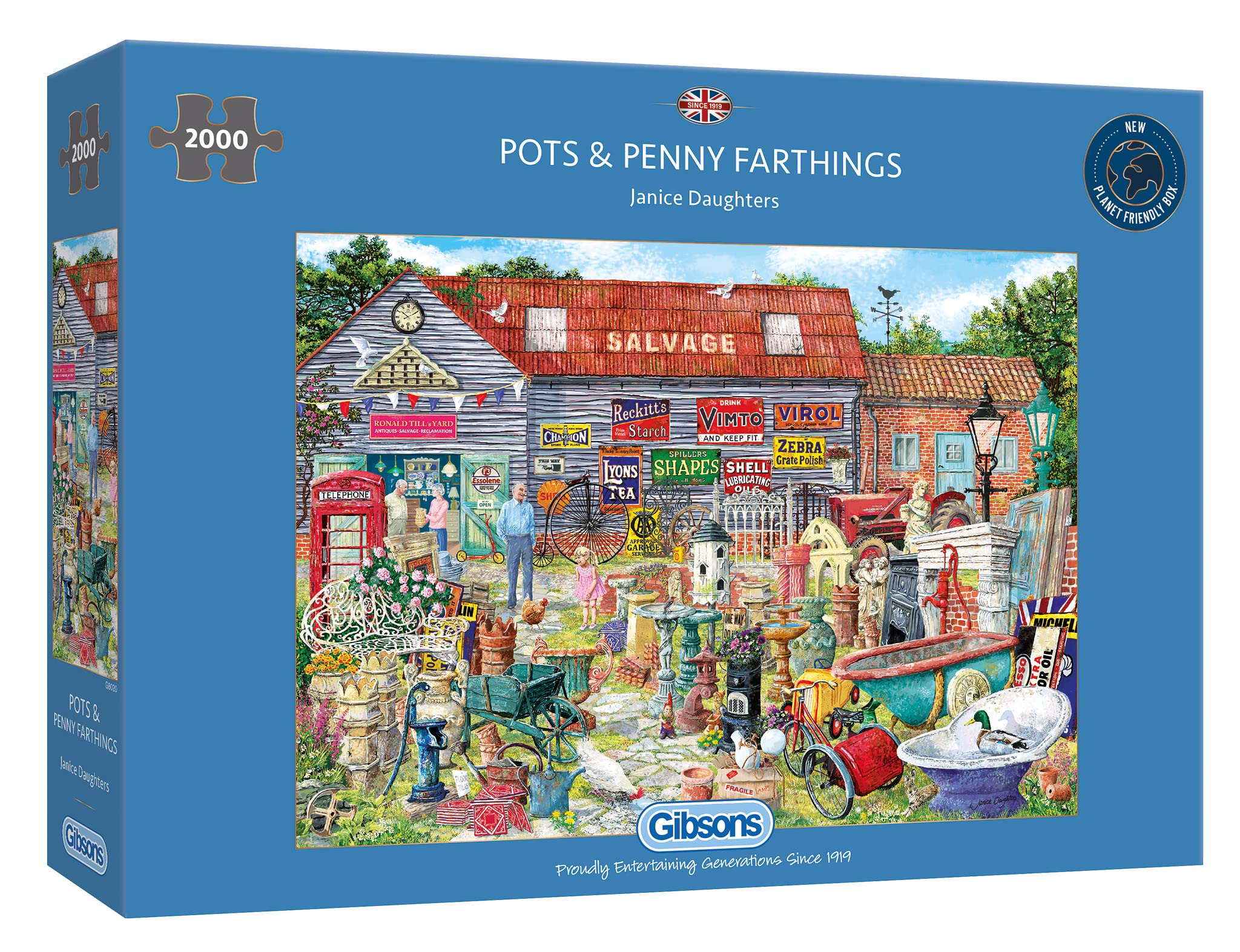 Pots & Penny Farthings | 2000 Piece Jigsaw | British Nostalgia | Val Goldfinch | Sustainable Jigsaw Puzzle for Adults | Premium 100% Recycled Board | Great Gift for Adults | Gibsons Games