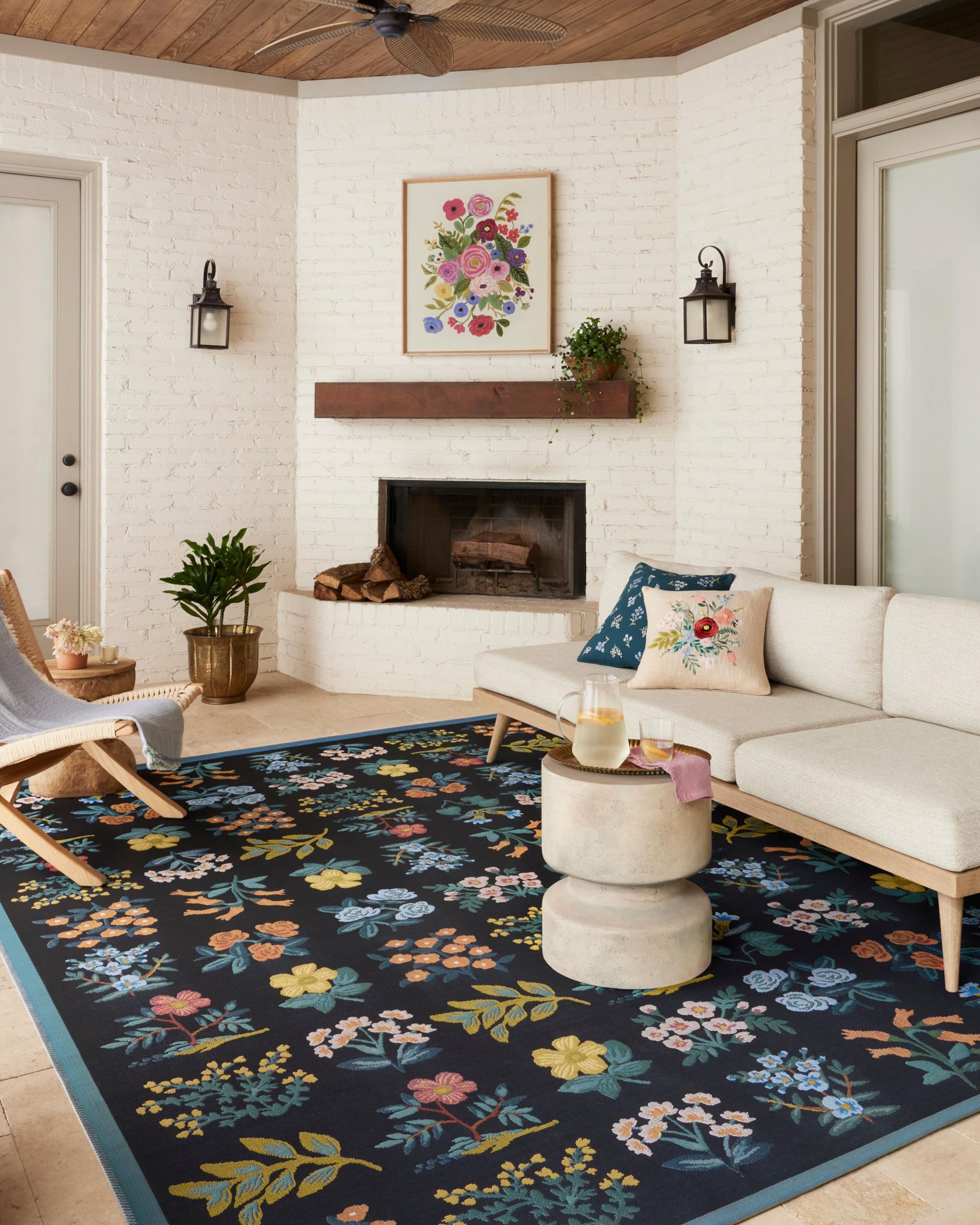 Photo 1 of (used/fair) Loloi Rifle Paper Co. Perennial Collection Wildflower PRN-03 Black/Navy 6'-7" x 9'-4" Indoor/Outdoor Area Rug