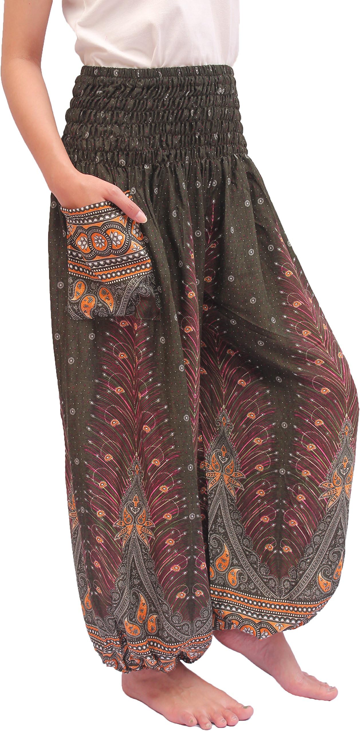 ChiangmaiThaiShop Harem Pant Yoga Bohos for Men & Women Elastic Waist Smocks Rayon