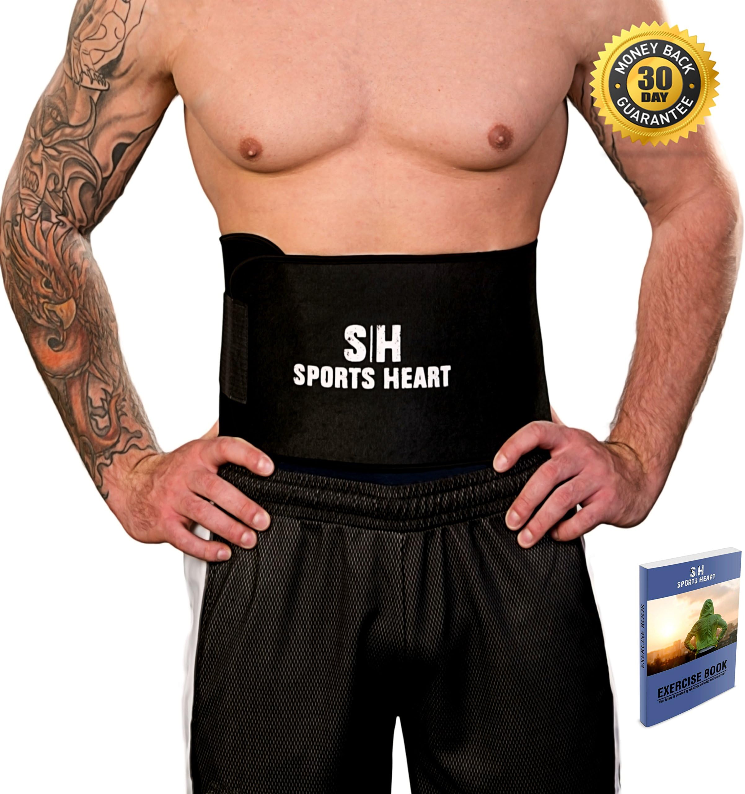 Sports Heart Waist Trimmer Ab Sauna Body Sweat Belt for Weight Loss for Men & Women, Adjustable , Black, 100% 30 Days Sports Heart! + Special FREE Gift!