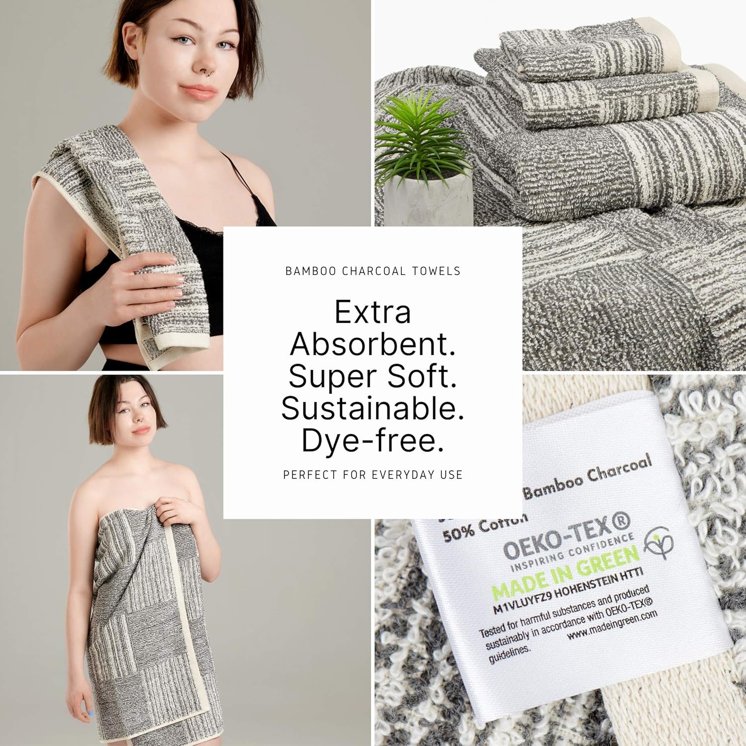 8-Pack Bamboo Bath Towels - 2 Bath Towels, 2 Hand Towels, and 4 Washcloths, Ultra Soft 500 GSM Bamboo Charcoal & Cotton Bathroom Towel Set, Absorbent & Soft Shower Towels, Easy Care Machine Wash Oeko: Home & Kitchen