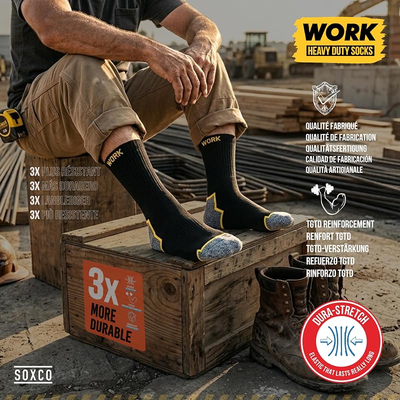 10 Paires Chaussettes de travail noires homme, mi-mollet | Technologie DRI-WIK d’évacuation de l’humidité | Talon et pointe renforcés | WORK socks lot de 10 paires, 43-46
