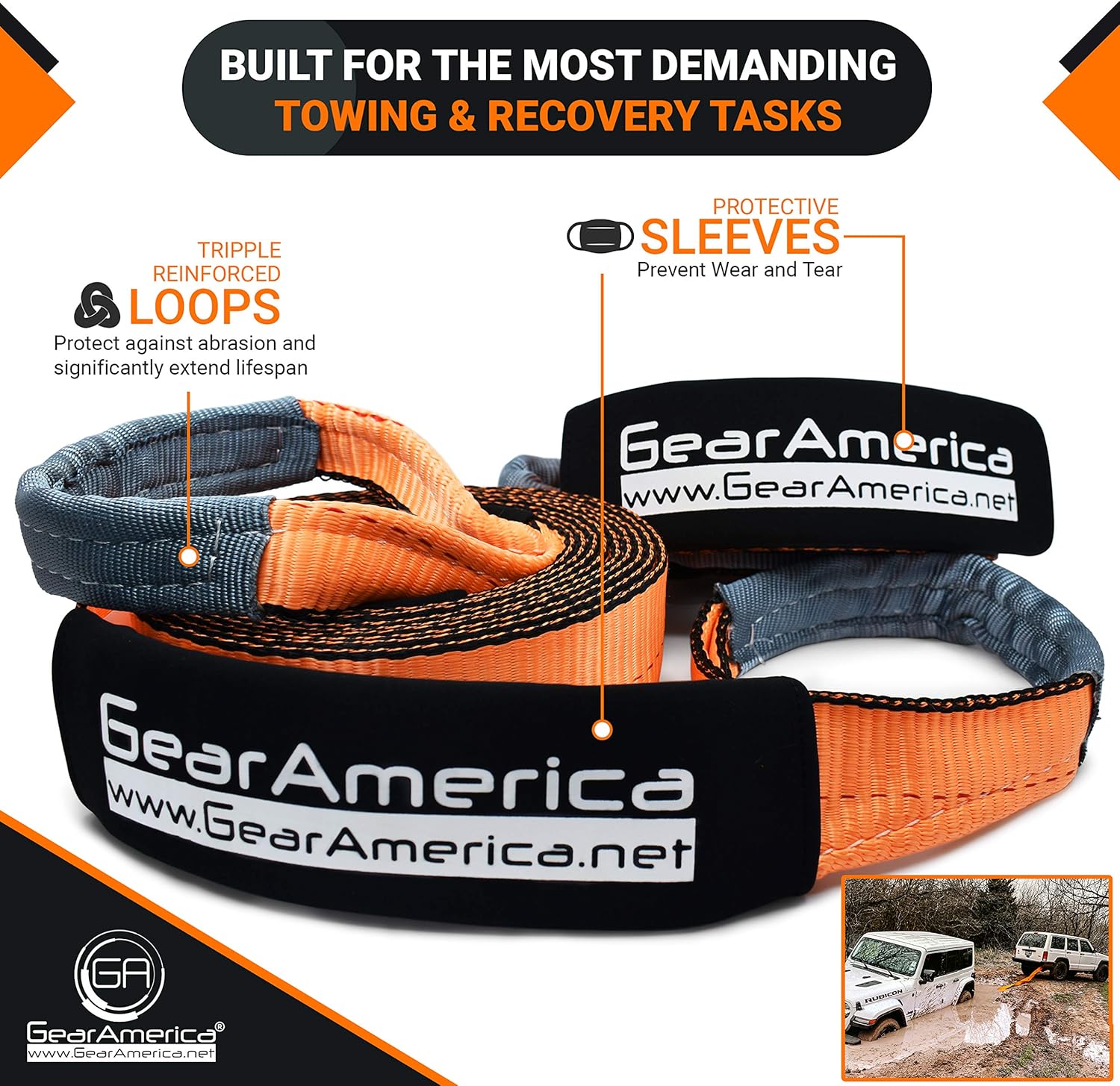 GearAmerica OffRoad Recovery Kit Tow Strap + Tree Saver + Heavy Duty