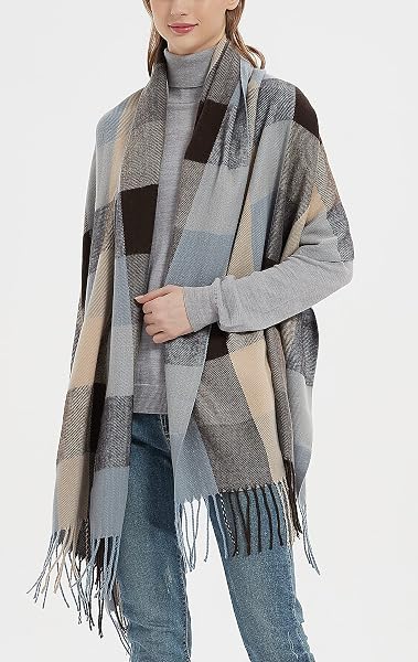 WANDER AGIO WOMENS FASHION LONG SHAWL BIG SCARVES GRID WINTER WARM LARGE PLAID SCARF BLUE BROWN 9