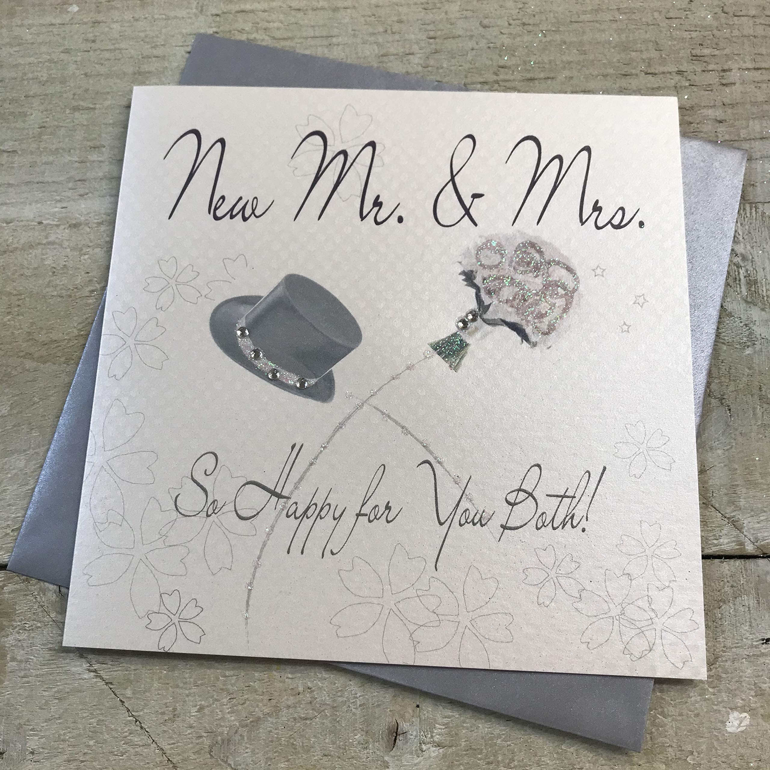 White Cotton Cards WB2 New MR and Mrs. Hat and Bouquet