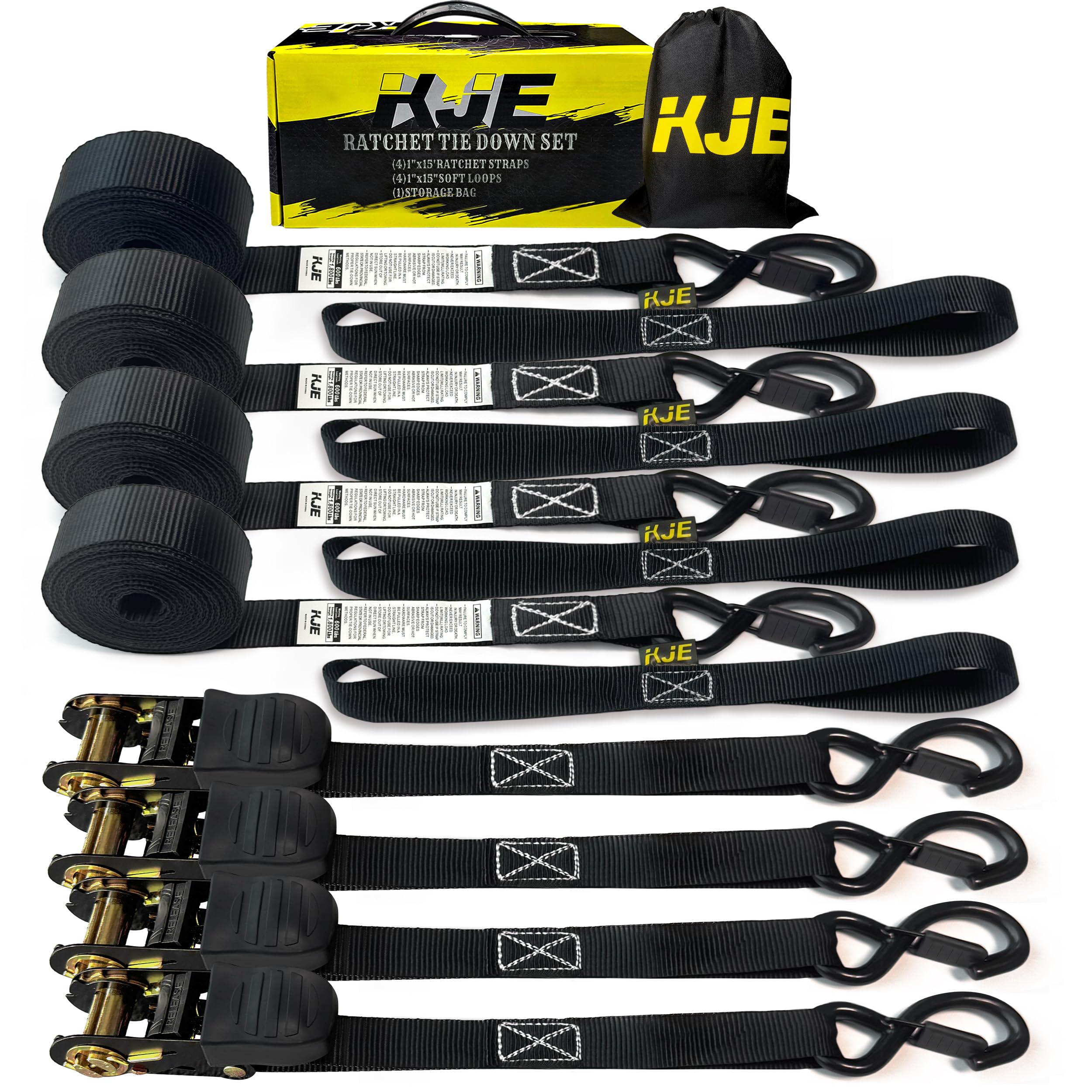 Photo 1 of KJE Black Ratchet Straps, (4) 1" x 15' Tie Down Strap Sets + (4) Soft Loops, TPR Handles & Coated S Hook W/Safety Clip, 1800lb Break Strength, Cargo Strap for Motorcycle, ATV