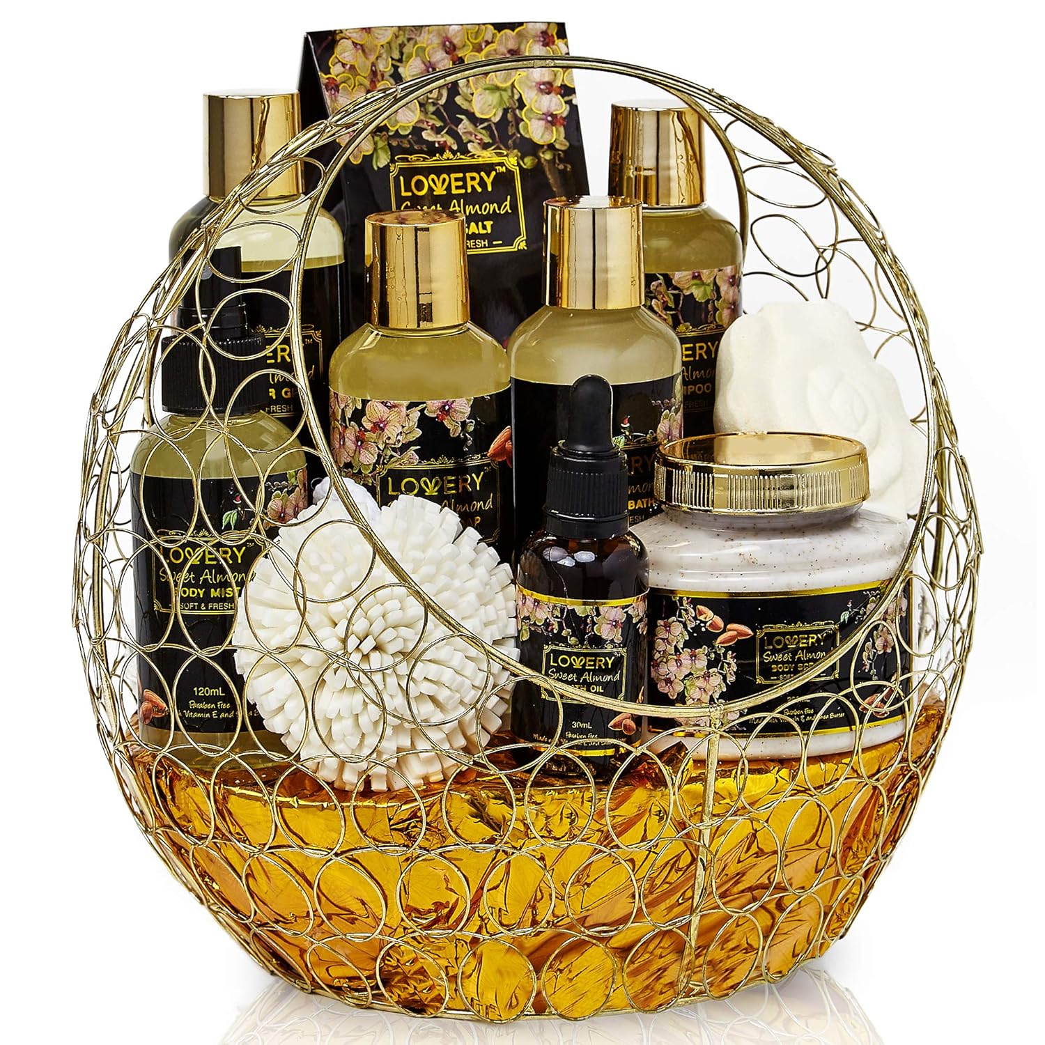 Bath and Body Gift Basket For Women and Men – Sweet Almond Home Spa Set with Fragrant Body Lotions, Bath Bombs, Gold Candy Dish and Much More - 11 Piece Set : Beauty