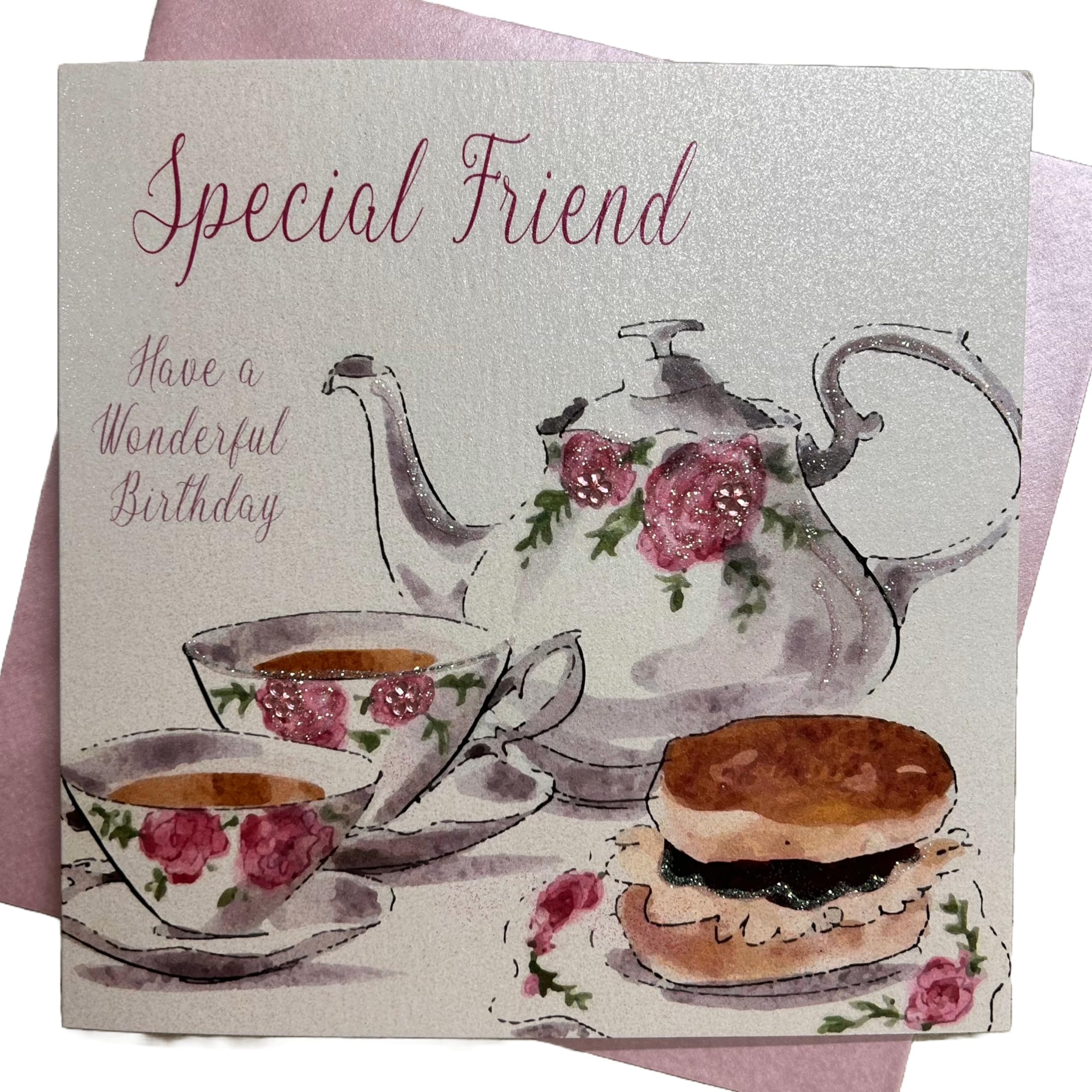 white cotton cards Handmade Birthday Card for Special Friend Tea and Cakes, White, WB200