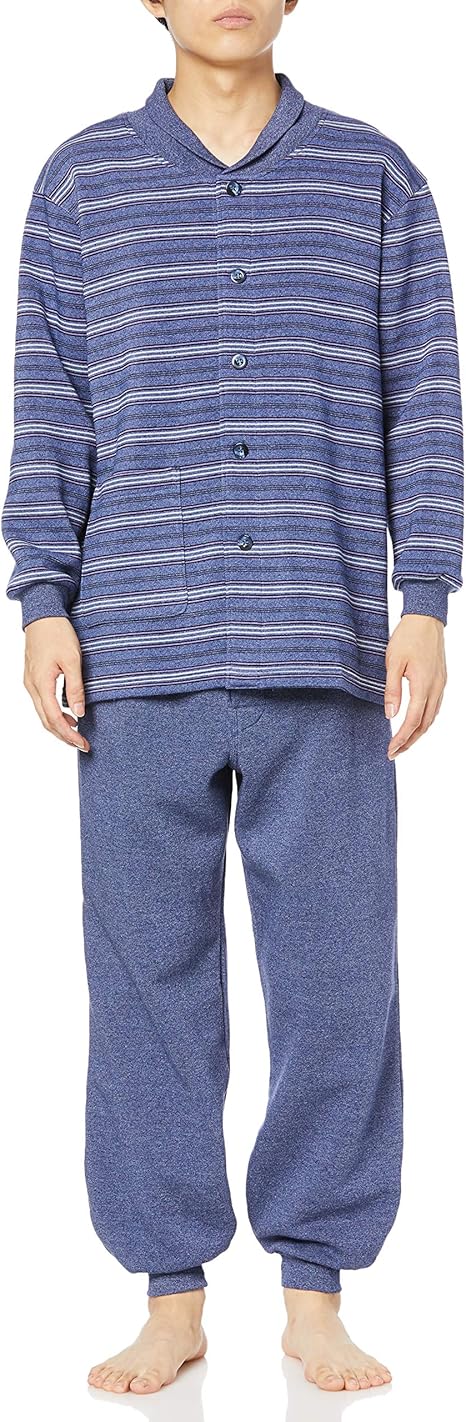Amazon グンゼ パジャマ 襟元あたたか 長袖長パンツ パンツ前あき パイル裏起毛ボーダー 無地 メンズ ﾌﾞﾙｰ S パジャマ 通販