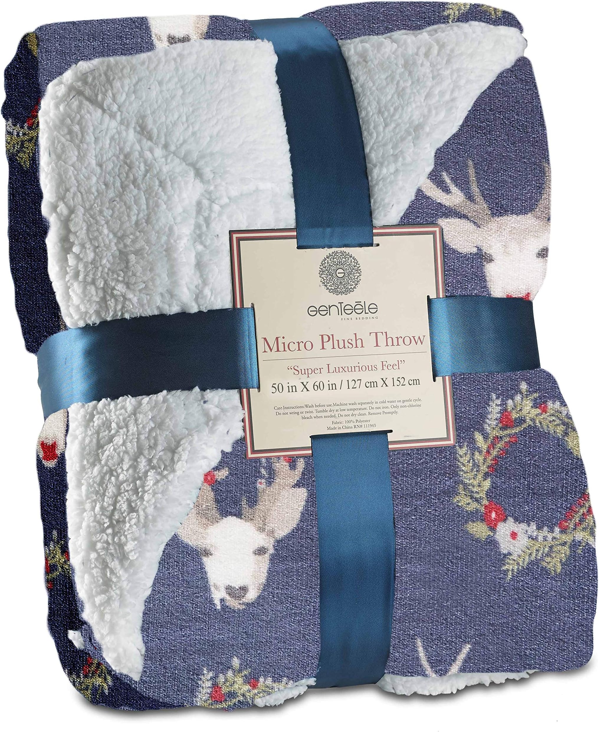 Genteele Sherpa Throw Blanket Super Soft Reversible Ultra Luxurious Plush Blanket (50 inches x 60 inches, Blue Reindeer)