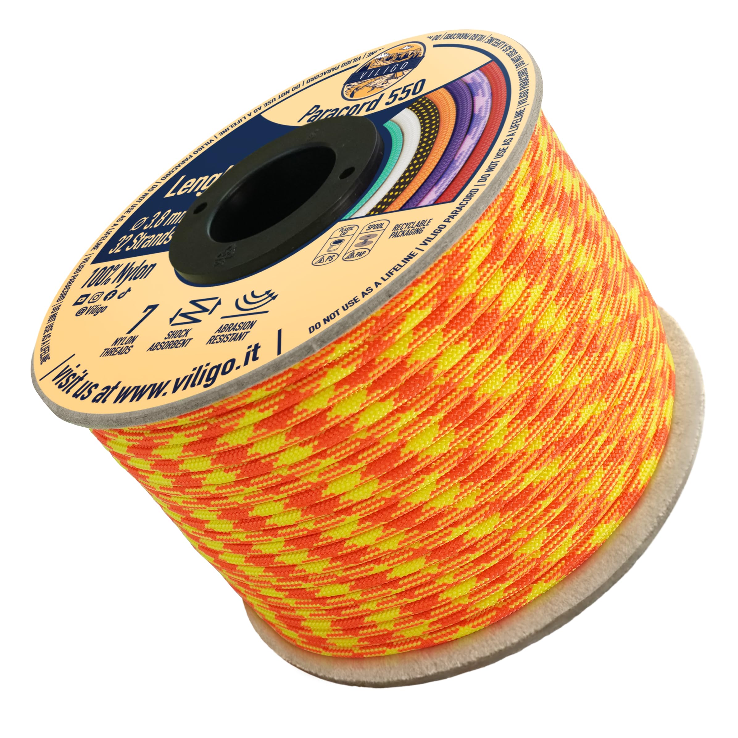 VILIGO Paracord 550 - Type III (3.8 mm) - Nylon Braid, 7 Inner Strands, Ideal for Camping, DIY Projects, Bracelet Making and Accessories (15 m, Helios)