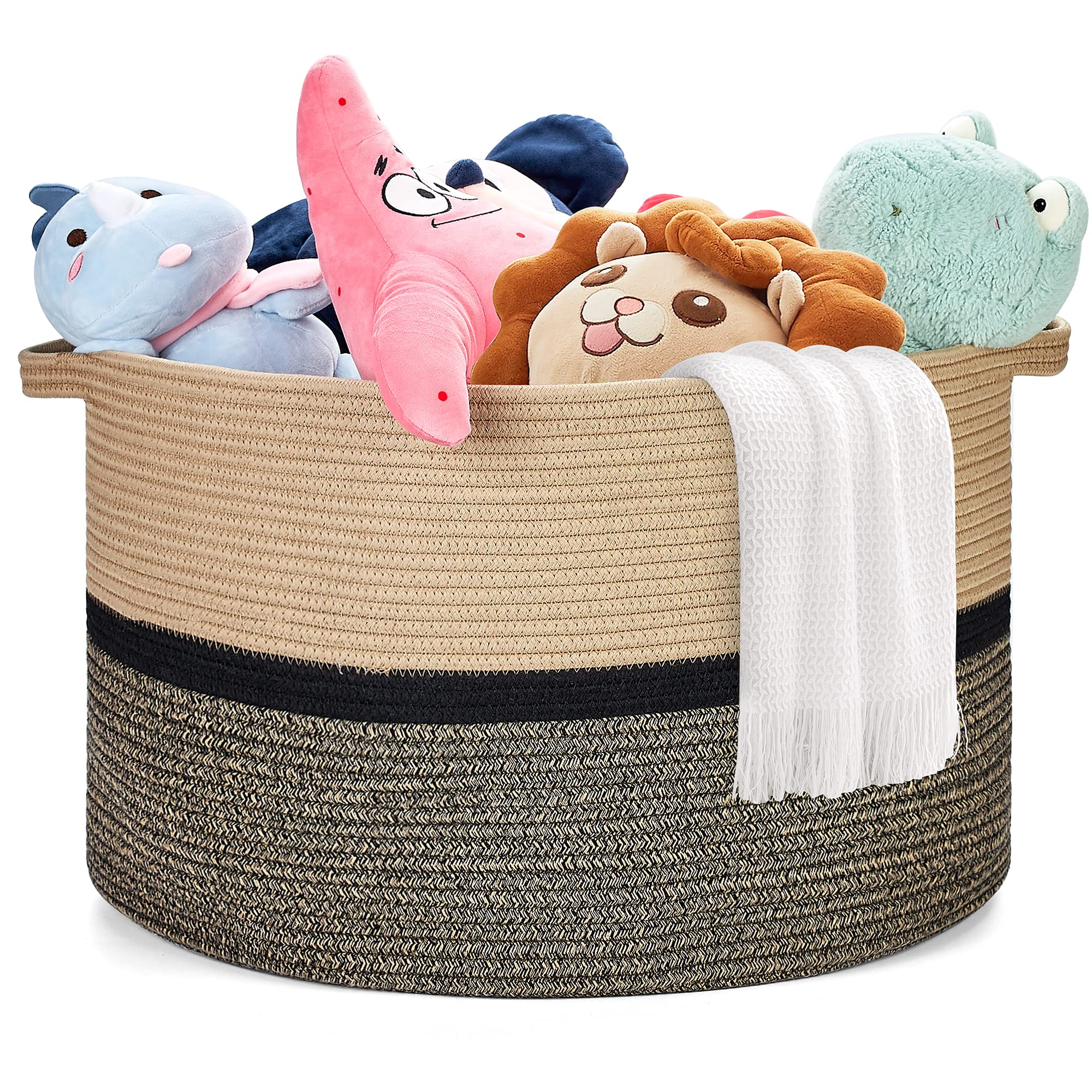 Photo 1 of Ravinte Blanket Basket - 20"x 20"x 13" Cotton Rope Basket for Living Room, Baby Toy Storage Basket, Large Woven Laundry Basket (Brown-Black)