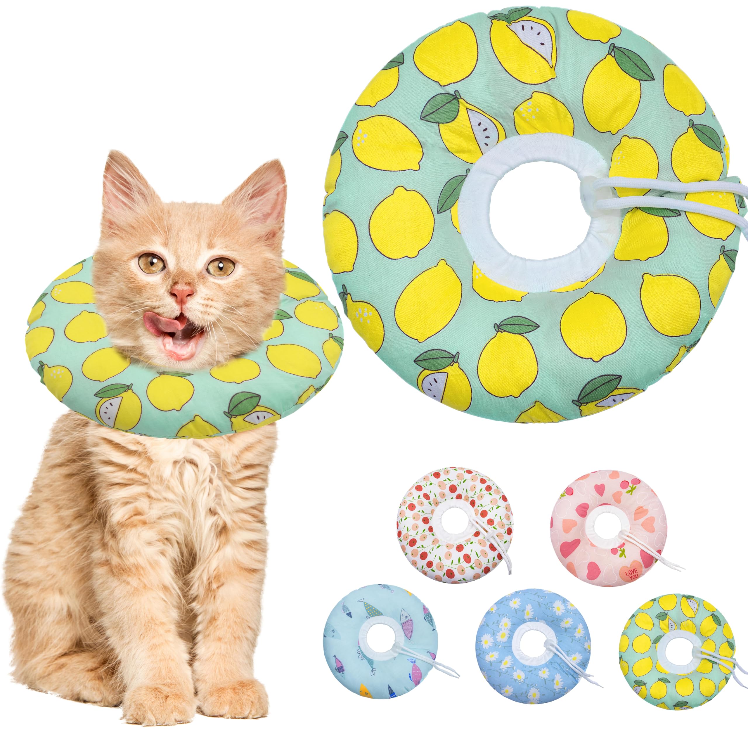 Photo 1 of Seyezo Cat Cone Collar Soft, Adjustable Cat Recovery Collars Kitten Cones to Stop Licking, Cute Donut Neck Collar After Surgery, Elizabethan Collar for Cats After Spay (Green Lemon, Small)