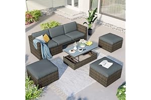 EMKK Patio Furniture, 5 Pieces Outdoor PatioFurniture Set, Wicker ConversationSets with Ottomans and Lift Top Coffee Table, Cushions for Backyard Porch Garden Poolside, 1-Gray