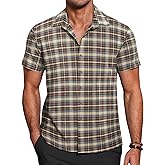 COOFANDY Mens Short Sleeve Button Down Shirt Plaid Button Up Shirts Casual 75% Cotton Work Shirts