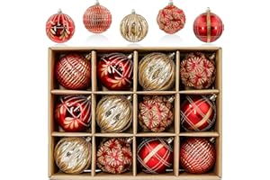 JORNOY 12PCS Christmas Tree Ornaments 80MM Shatterproof Red and Gold Ornaments for Christmas Tree Decorations, Xmas Tree Ornaments for Holidays, Party & New Year