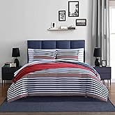 Nautica - Full/Queen Comforter Set, Ultra Soft Bedding with a Woven Textured Feel, Medium Weight for Year Round Comfort, 3 Piece Bed Set with Matching Pillowcases (Kennedy Stripe Navy)