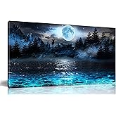 Moon Sea Ocean Wall-Art For Living Room Large Size - Blue Wall Decor For Bedroom - Forest Wall Art Ready To Hang 29" x 59"