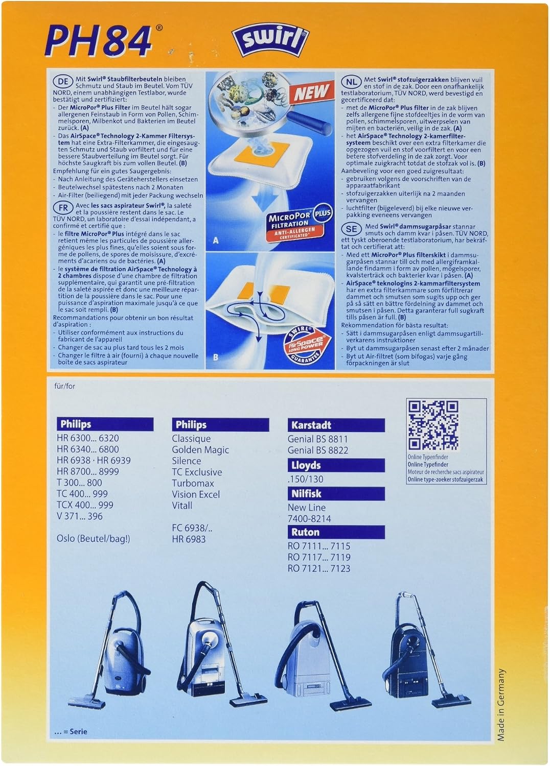 Swirl MicroPor Power Filter PH 84 4x Paper Odour-Blocking Vacuum Cleaner Bags and 1x Hepa Filter, White, 4er Pack - Image 3