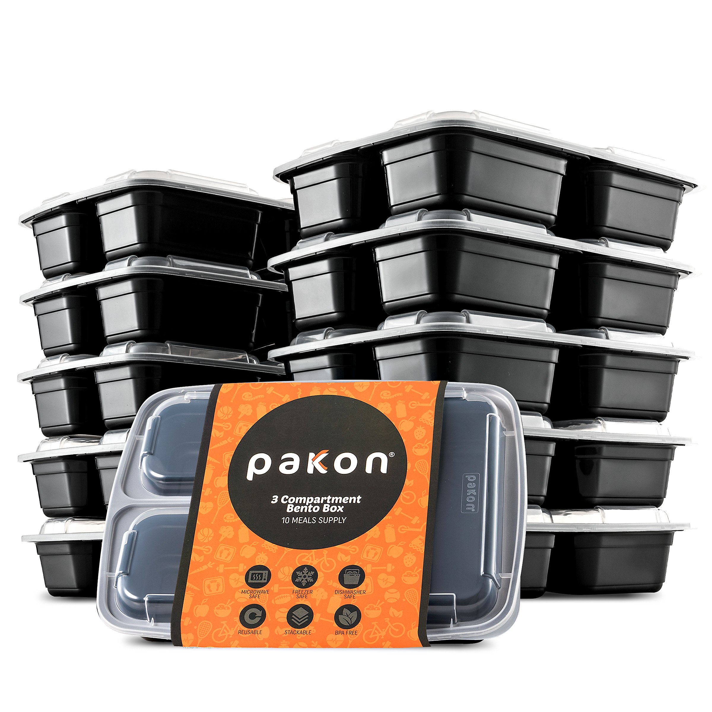 Pakkon 3 Compartment Lunch Box Food Containers with Easy Tab Lid (10