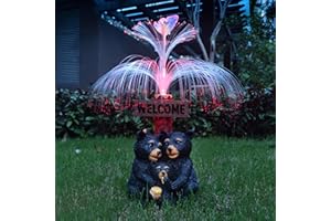 RCTTICUU Solar Bear Garden Statues,Resin Black Bear Family Figurine with Welcome Card and 7-Color Changing Optical Fiber with Solar Lights, Lawn Decor Outdoor Statue for Patio,Balcony,Yard,Lawn