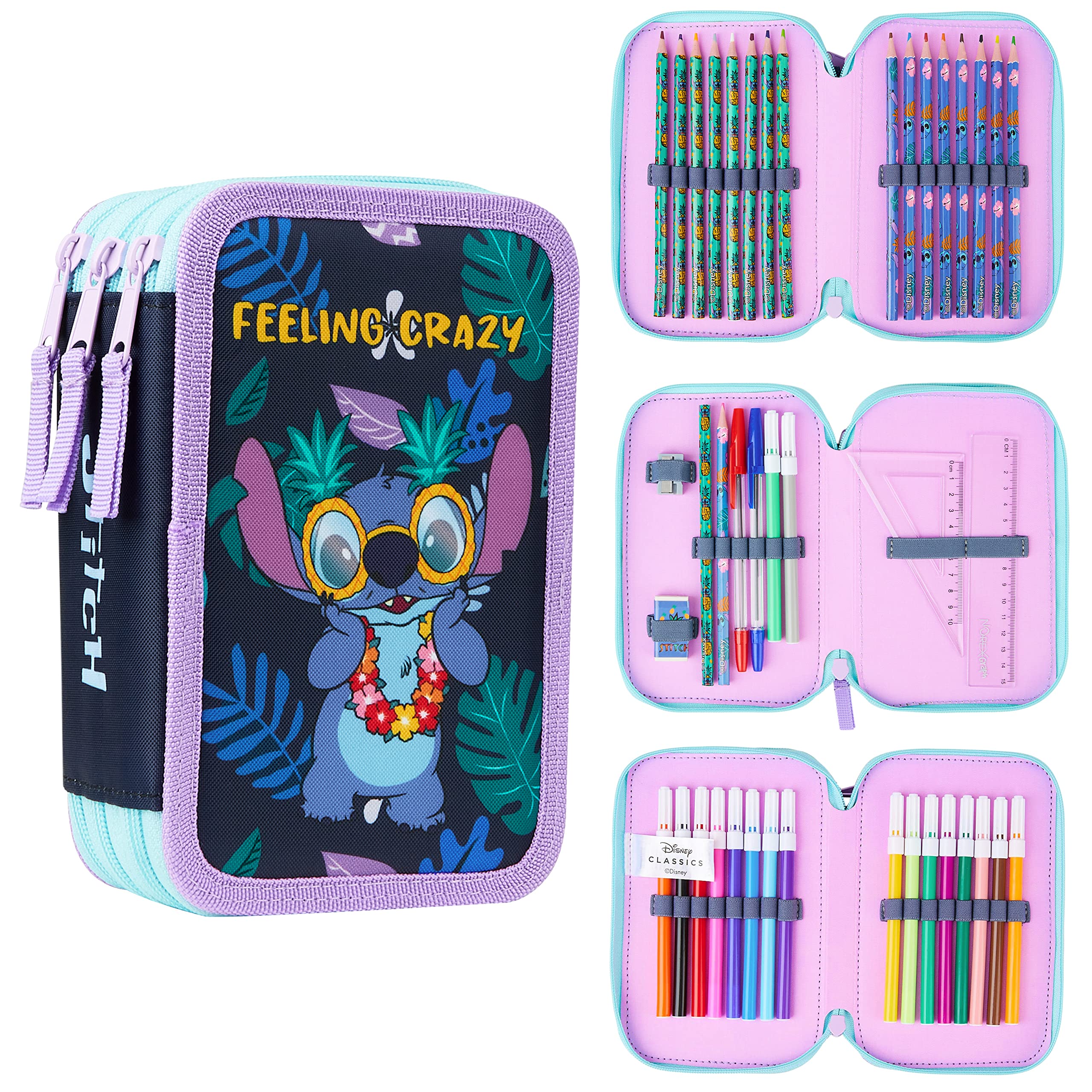 Disney Filled Pencil Case with Stationery for Kids, School Supplies Colouring Pencils, Markers - Gifts for Girls (Multi Stitch Triple Zip)
