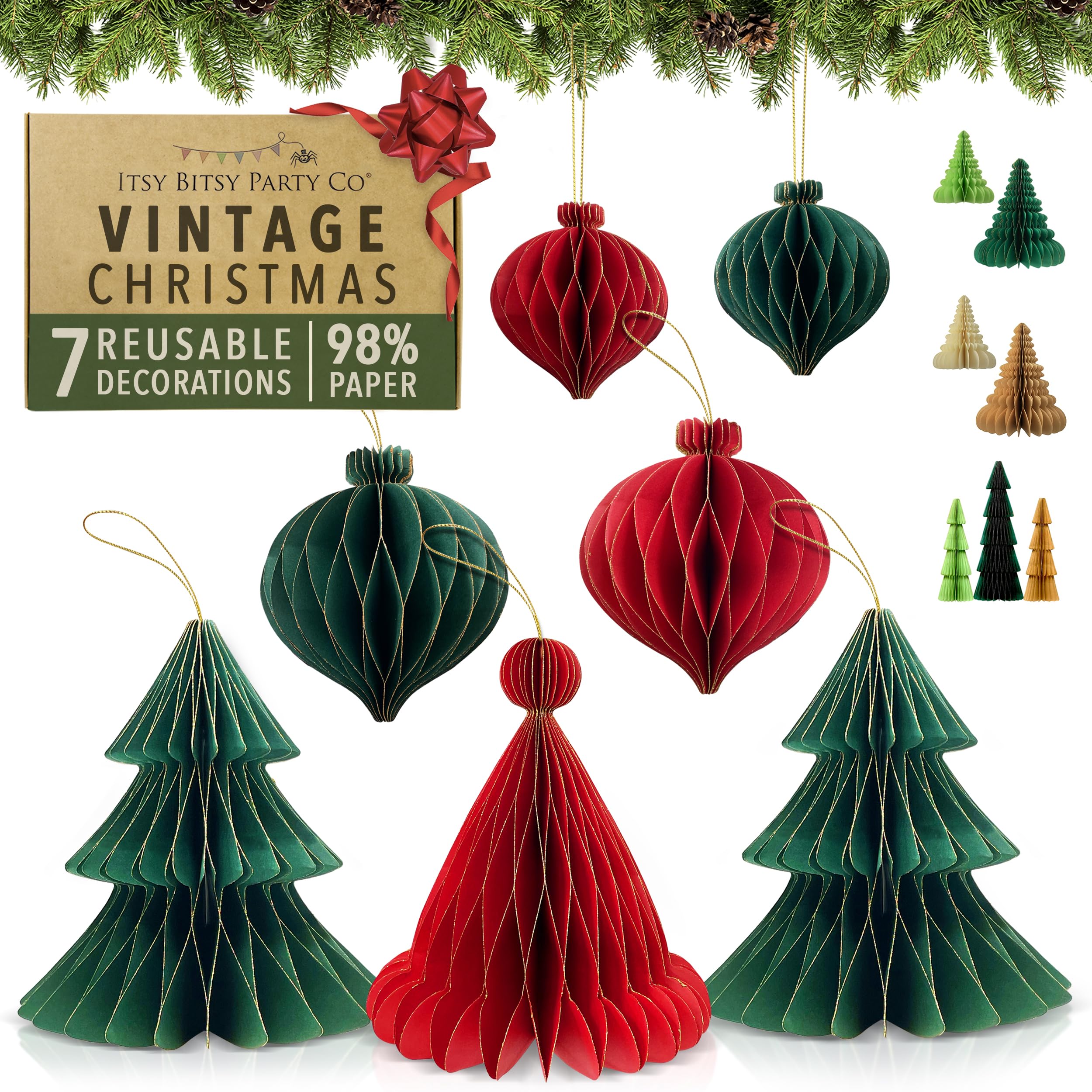 Premium Reusable Paper Christmas Decorations - Paper Christmas Tree and Bauble Set with Magnetic Clasps - Hanging/Xmas Table Decorations - Indoor or Office Xmas Decor by Itsy Bitsy Party Co