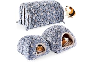 MABOZOO 3 Pack Guinea Pig House Accessories, Washable 2 Guinea Pig House and Hideout Tunnel with Curtains, Chinchilla Hideout for Hamster, Rabbit, Bunny, Chinchillas (Blue-Star)