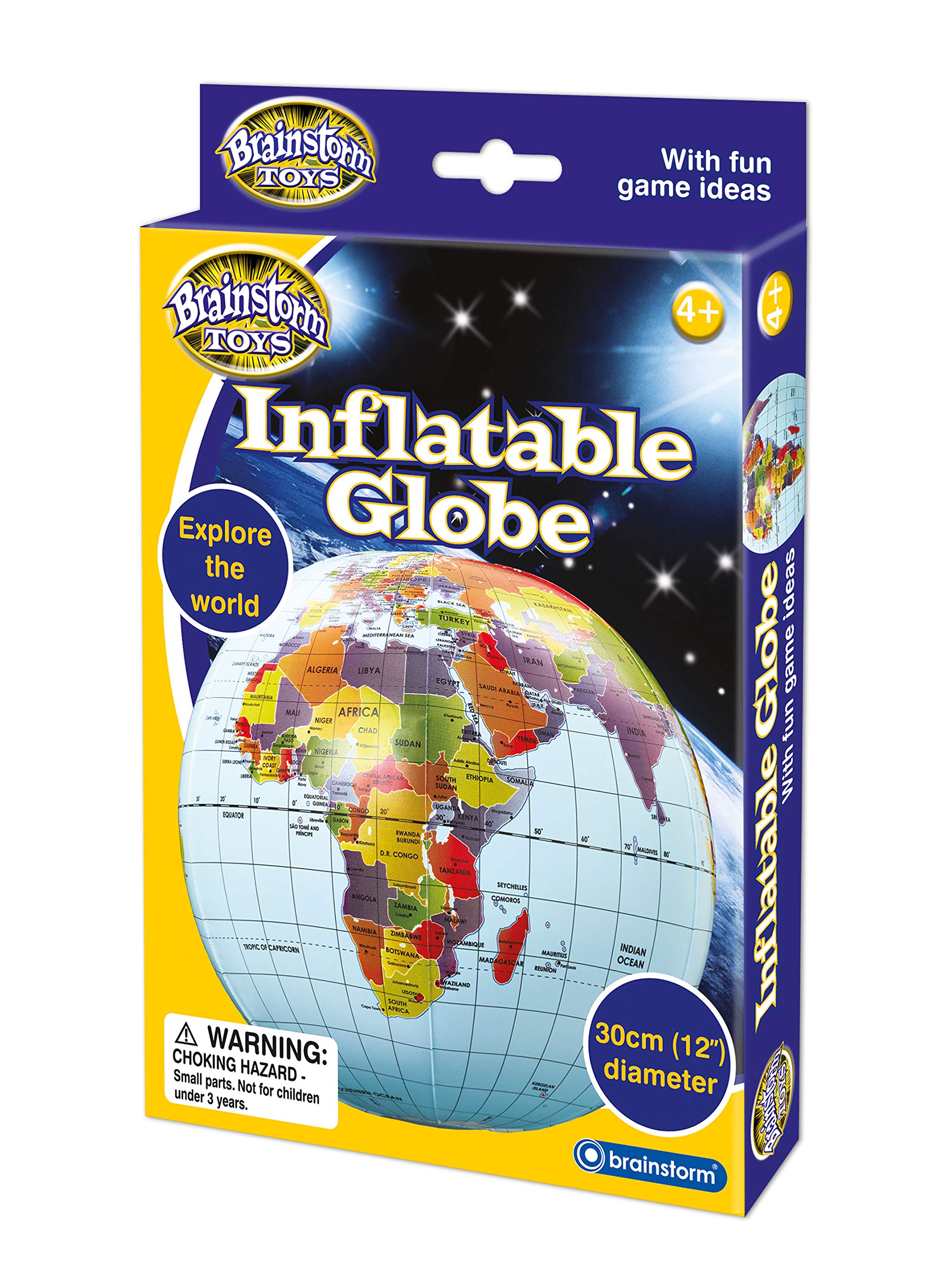 Brainstorm Toys 30cm Inflatable Globe – World Map with Longitude & Latitude Lines, Fun Educational Geography Toy with Interactive Game Ideas for Kids
