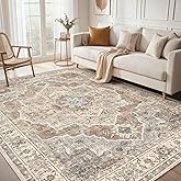 Micgeek 9x12 Washable Area Rug: Vintage Neutral Soft Non Slip Thin Large Floor Carpet for Living Room Bedroom Kitchen Dining Room Home Office Farmhouse Indoor - Beige Brown
