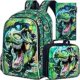 FTJCF Dinosaur Backpack, 16" Boys Kids Bookbag with Lunch Box, 3Pcs Dino School Backpacks for Elementary Preschool Kindergarten (Green)