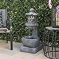 Alpine Corporation DIG370 Outdoor Floor Tranquil Zen Pagoda Water Fountain w/LED Lights & Illuminated Stone Bowl, 31", Gray