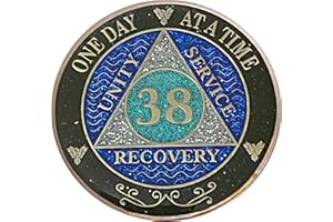 SIMPLY MINIMAL (Years 1-50) 38 Year AA Recovery Silver Color Plated Glitter Medallion, Black Rainbow, Blue, Silver Glitter Coin, Epoxy Covered (AA 38 Year Glitter Medallion)