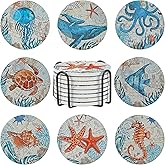 8 Pieces Stone Coasters with Holder for Drinks, Cork Base Ocean Beach Theme Tropical, for Housewarming, Apartment Kitchen Room Bar Decor, Funny Birthday, Wooden Table