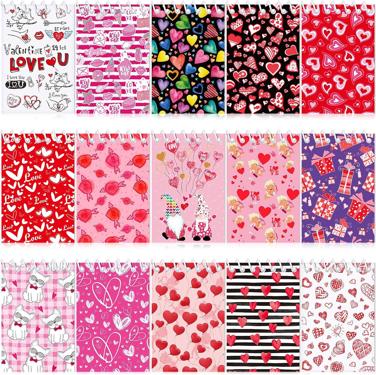 15 Pieces Mini Valentine Day Notepads Sets with 15 Designs Valentine’s Day Spiral Pad Notebooks Party Favors for Kids Girls Boys Toddler School Supplies