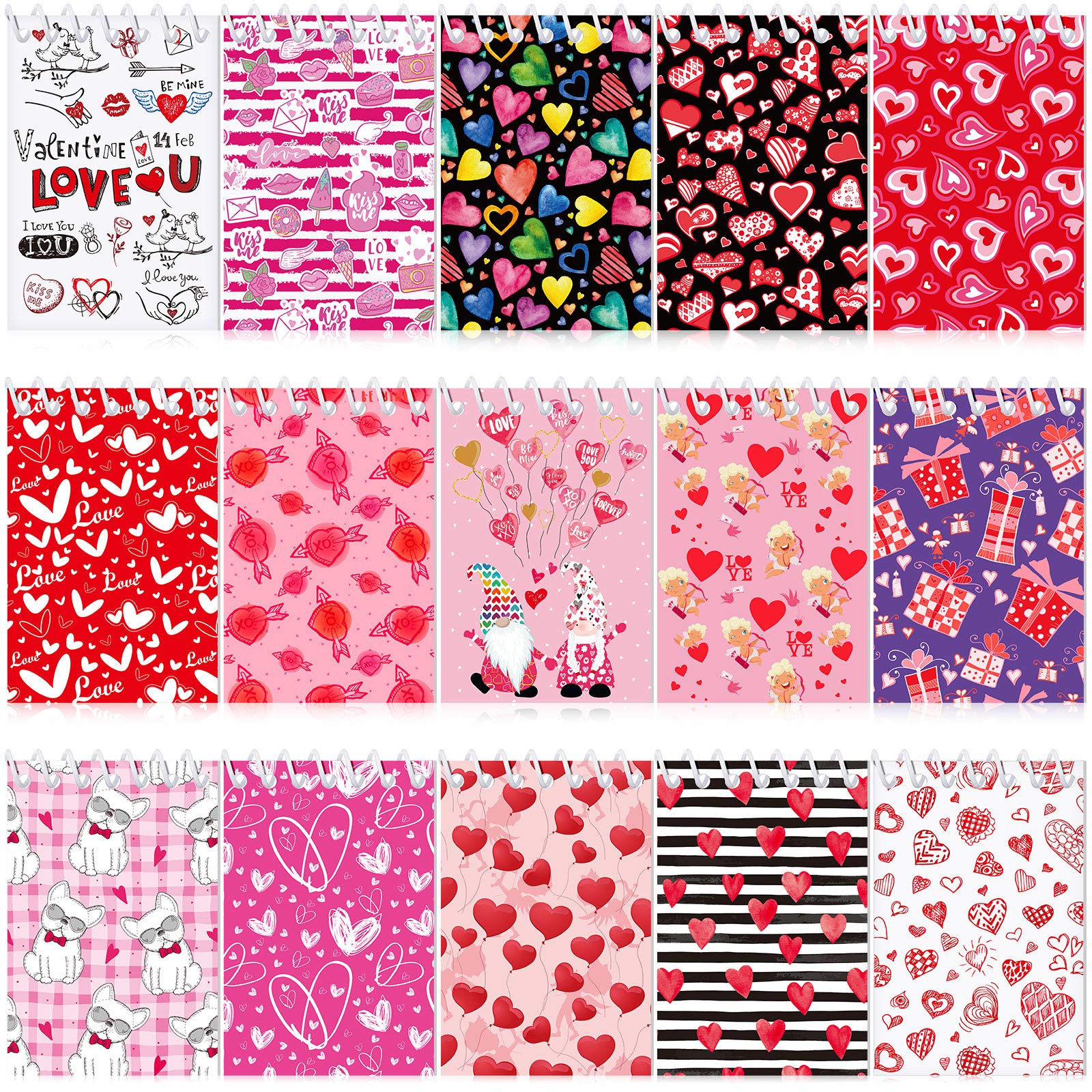 15 Pieces Mini Valentine Day Notepads Sets with 15 Designs Valentine’s Day Spiral Pad Notebooks Party Favors for Kids Girls Boys Toddler School Supplies