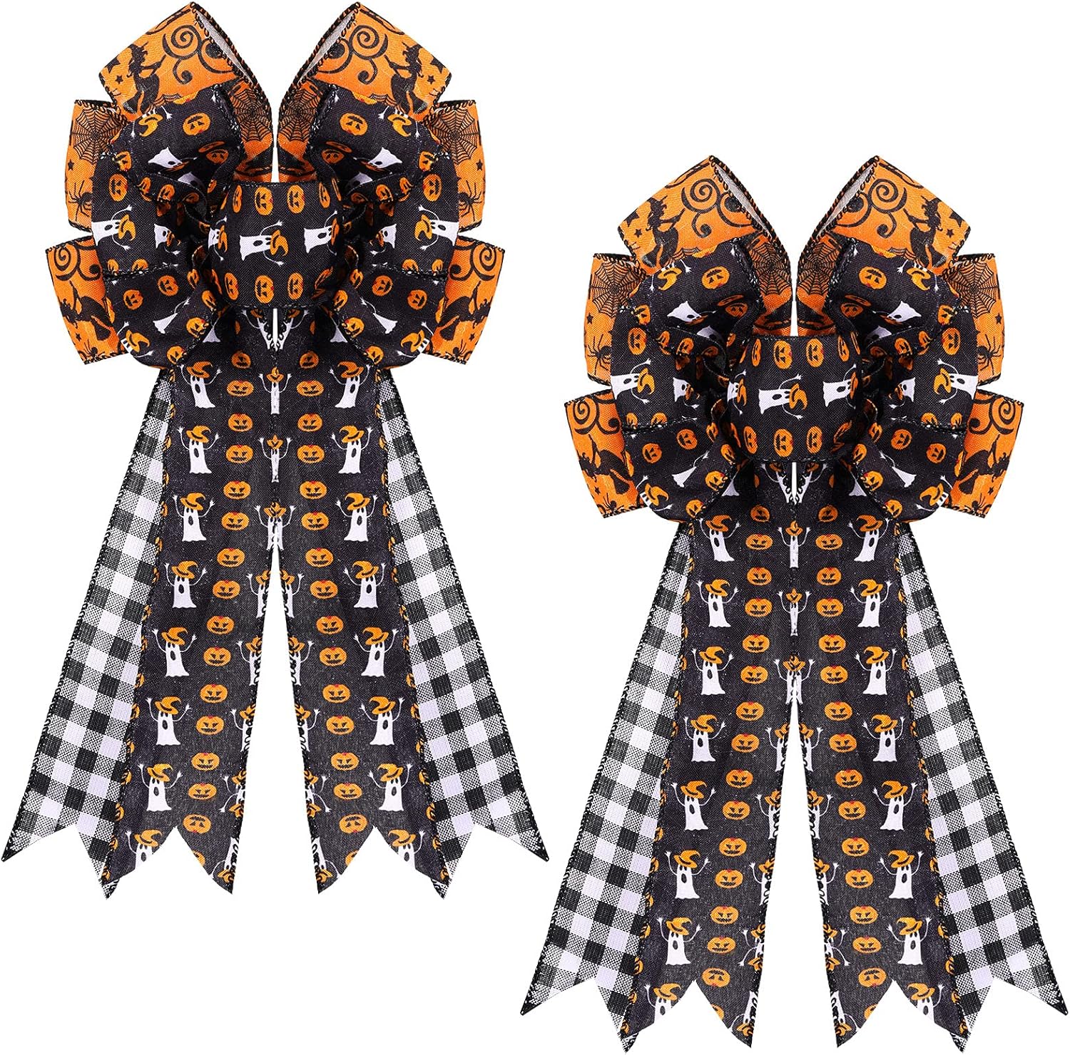 Bows & Ribbons - 2 Pieces Halloween Wreath Bow Black with White Buffalo Plaid Bow Rustic Bowknot Ornaments Pumpkin Ghost Bat Patterns Bows Large Burlap Bow Holiday Decorative Bows for Halloween Party Home Decoration