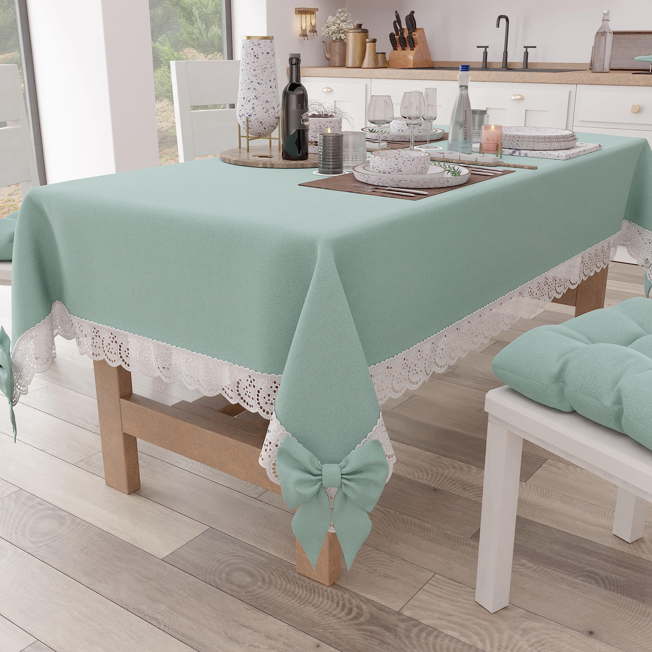 PETTI Artigiani Italiani - Tablecloth Rectangular Kitchen Tablecloth with Sangallo Lace and Bows Plain Cotton Tablecloth X6 Seater (140 x 180 cm) Aqua — image 1