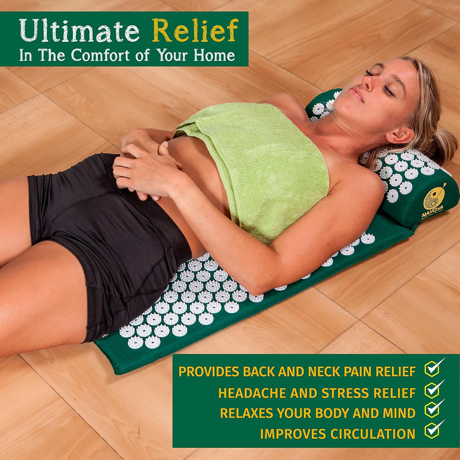 At Home Back and Neck Pain Relief - Acupressure Mat and Neck Pillow Set - Relieves Stress and Sciatic Pain for Optimal Health and Wellness - Comes in a Carry Box with Handle for Storage and Travel: Health & Personal Care