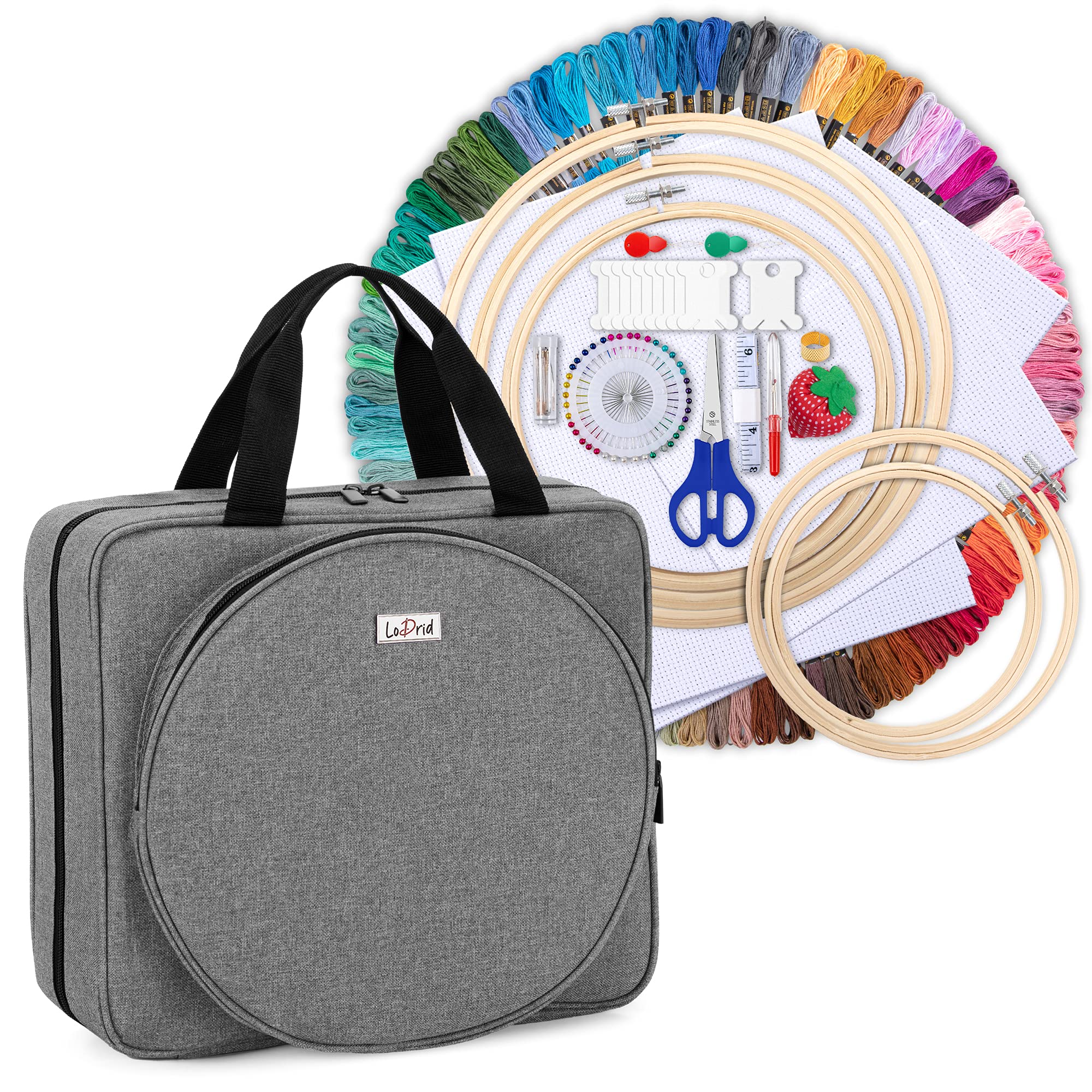 LoDrid Embroidery Project Bag, Embroidery Supplies Storage Tote Bag with Embroidery Kit, Portable Craft Carry Case with Starter Kit and Cross Stitch Kits Tools for Beginners, Adults, Grey