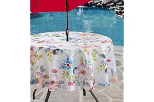 Benson Mills Spillproof Floral Spring/Summer Fabric Outdoor Tablecloth with Umbrella Hole, Zippered Table Cloth for Round Tables, Picnic/Patio (Harper, 70" Round with Umbrella Hole)